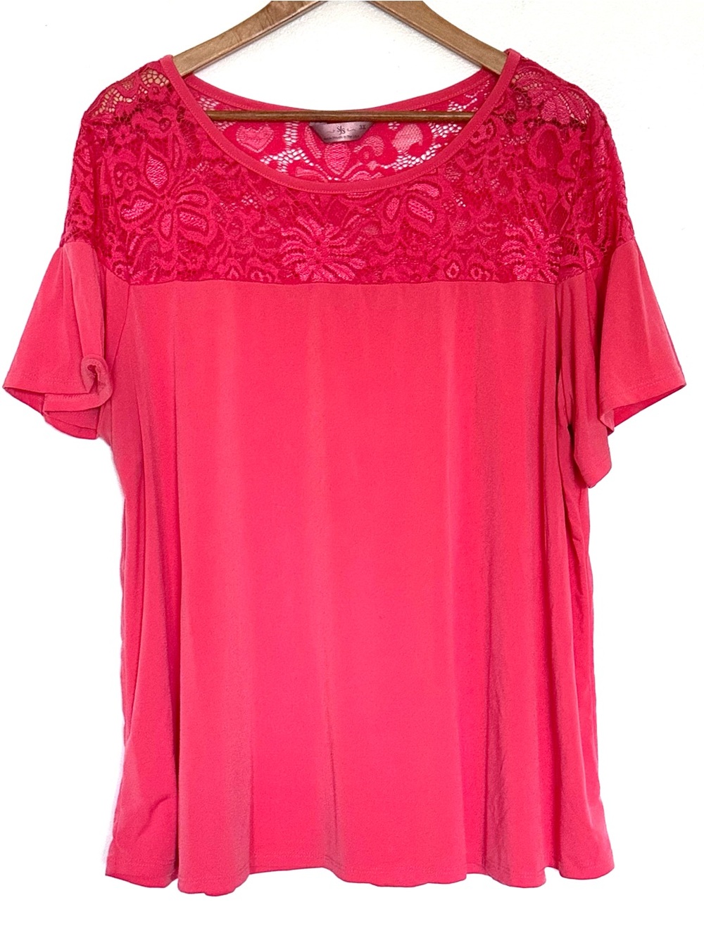 SJS Plus Shirt Women’s 3X Pink Lace Yoke Short Sleeve Lightweight Blouse Top
